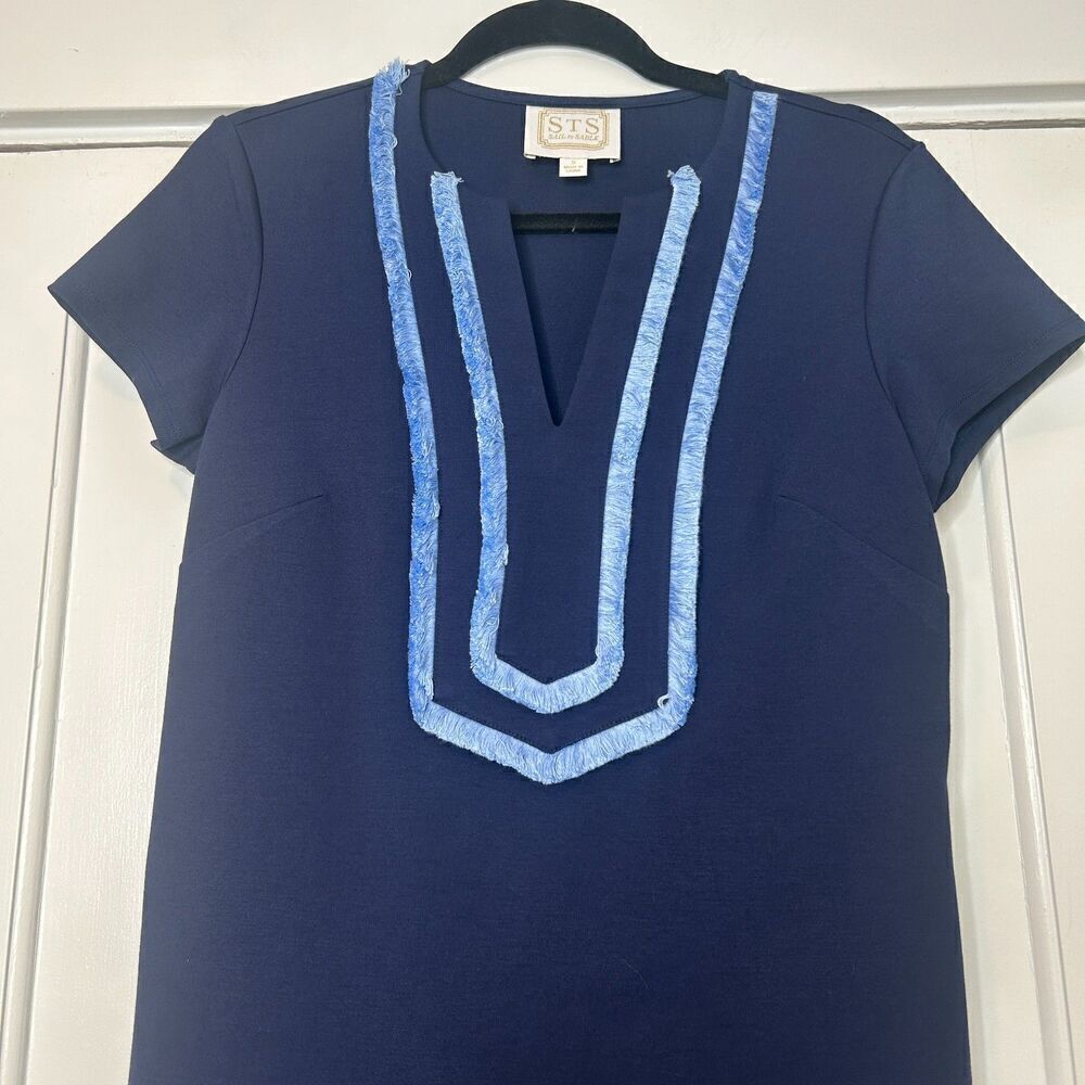 Sail to Sable Navy Blue Short Sleeve Shift Dress with Fringe Detail size Small - Picture 4 of 6